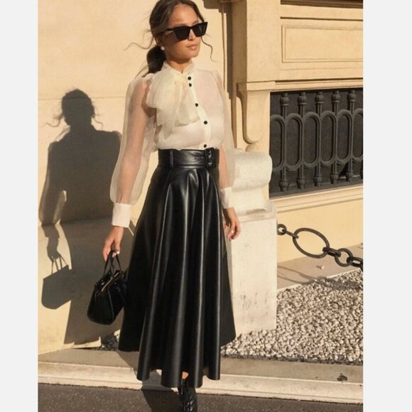 Zara Faux Leather Skirt With Belt Black Blogger Fav Size Large - Picture 1 of 12